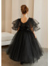 Black Satin Tulle V Back Ankle Length Flower Girl Dress